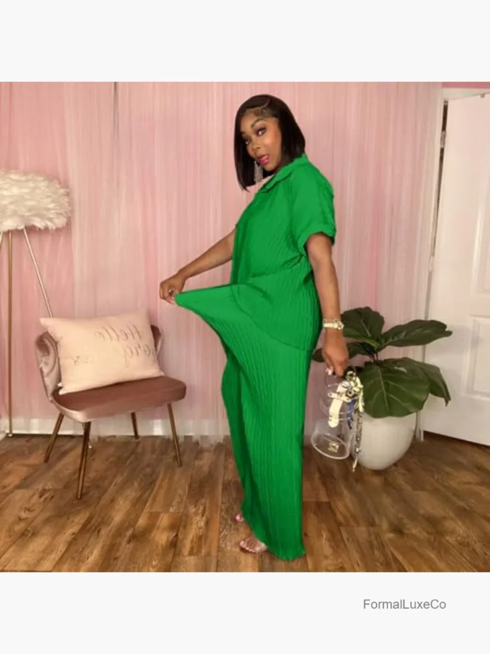 Two Piece Set: Button Down Shirt and Wide Leg Pants Matching Set